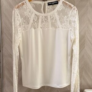 Karl Lagerfeld White Lace Panel Blouse